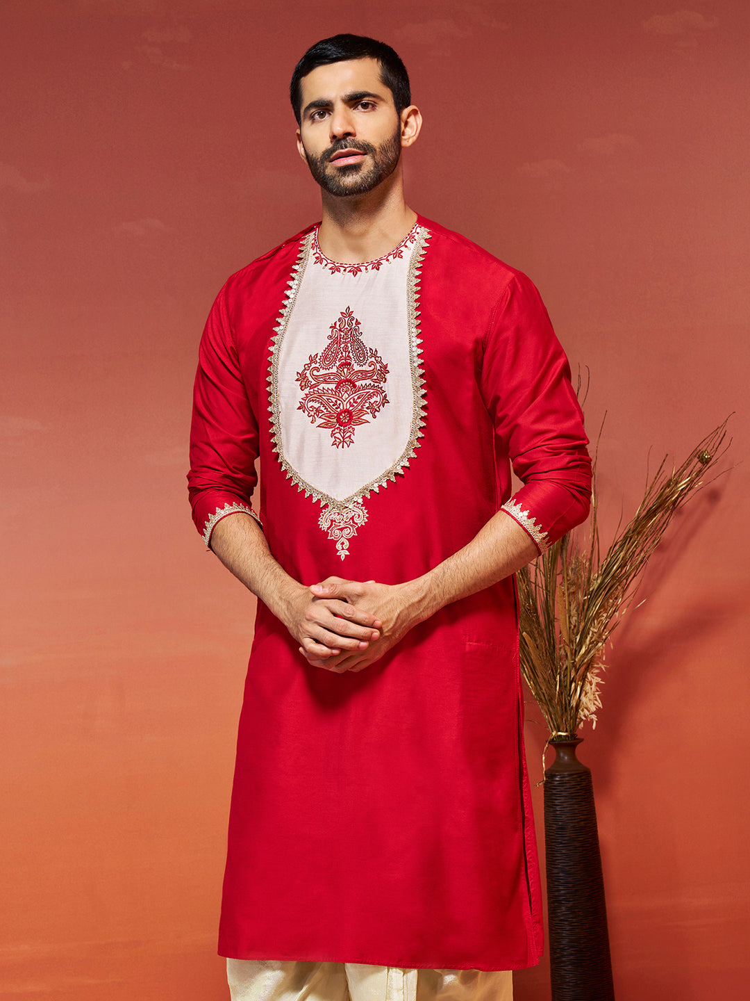 Vastramay Red Sequin Patchwork Viscose Kurta | Diwali Gift Box with Go Desi Mithai &amp; 4 Laddoo Candles