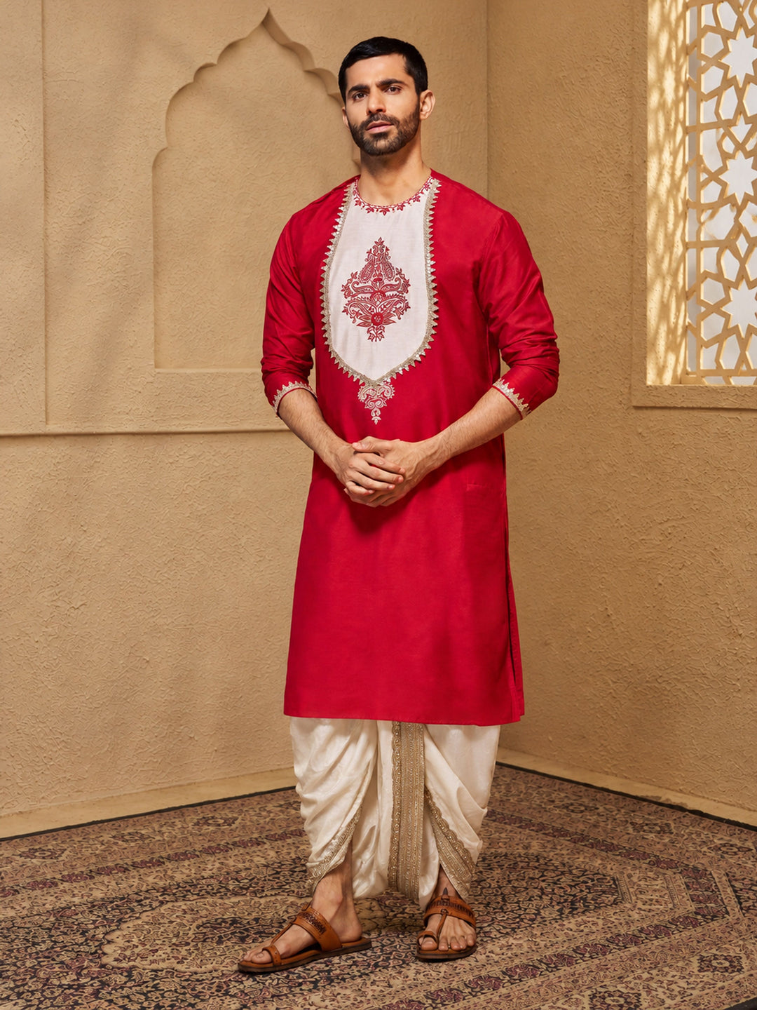 Men Red Viscose Kurta With Dhoti Festive, Festive Glitz, Diwali, Wedding, Durga Puja, Casual Ethnic Wear