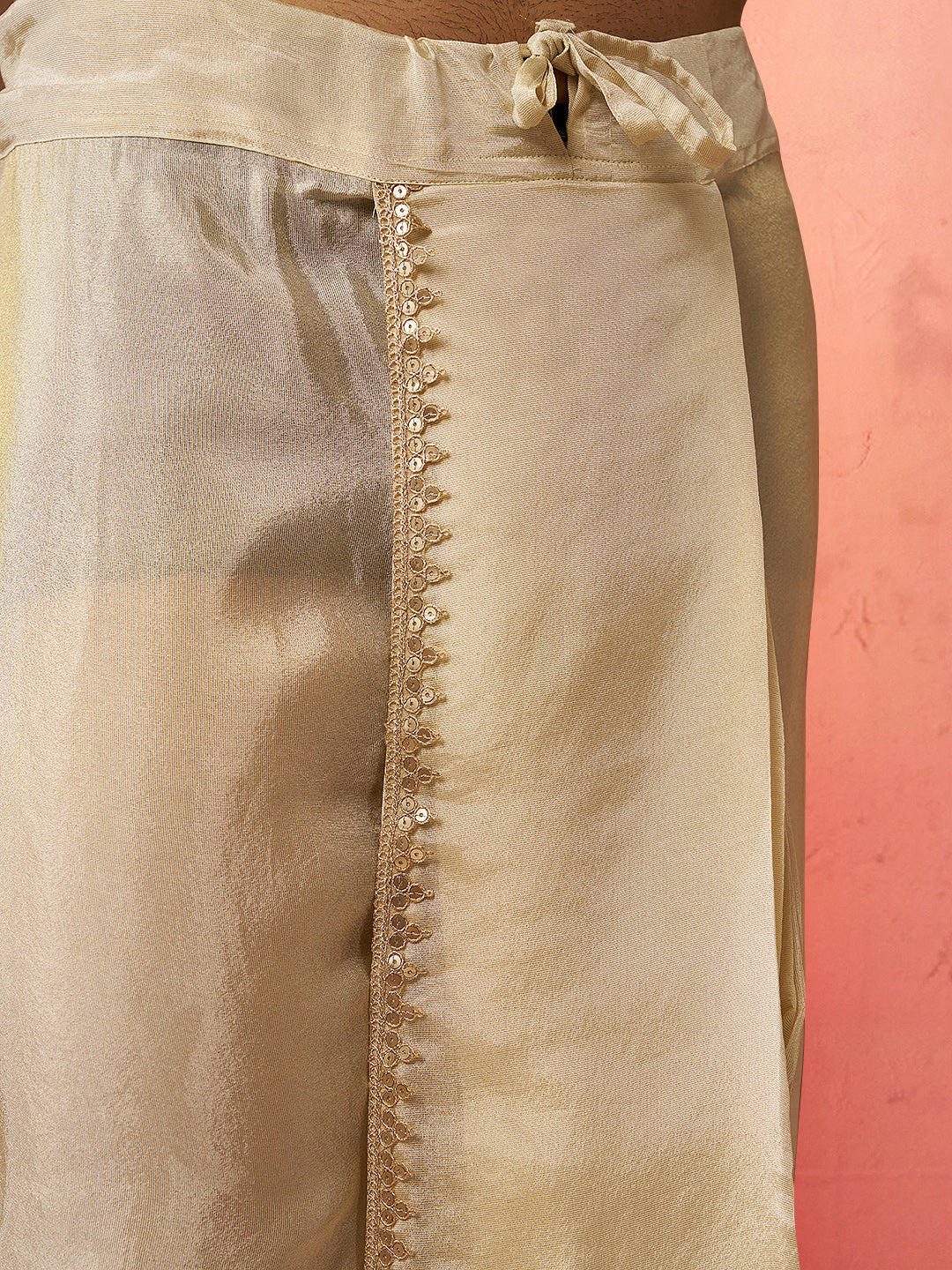 Men's Yellow Viscose Embroidered Kurta with Beige Tissue Dhoti Set