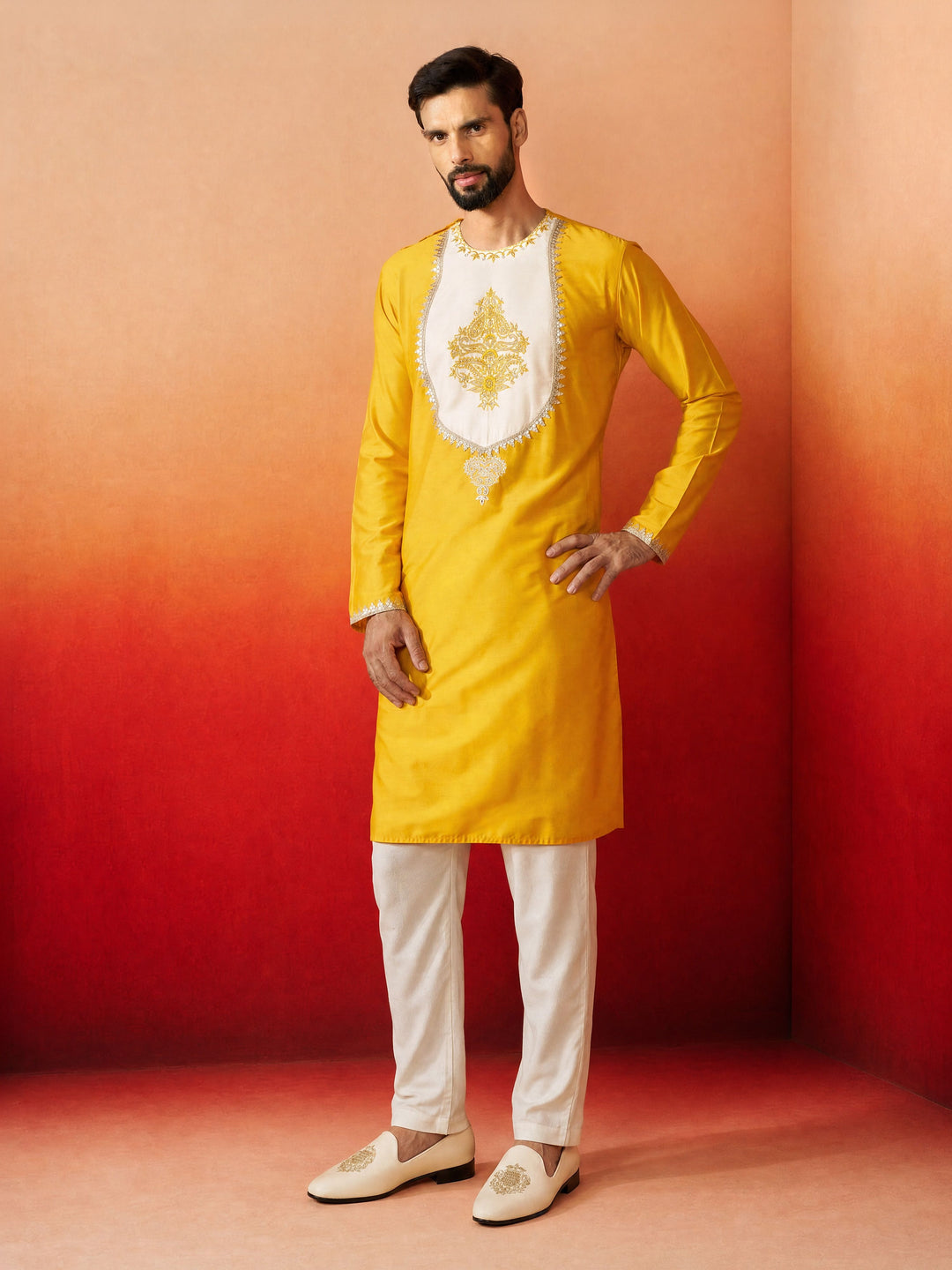 Men Yellow Viscose Kurta with Pyjama Festive Ethnic Wear