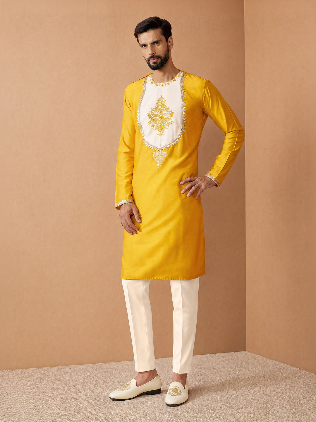Men Yellow Viscose Kurta with Pant Festive Ethnic Wear