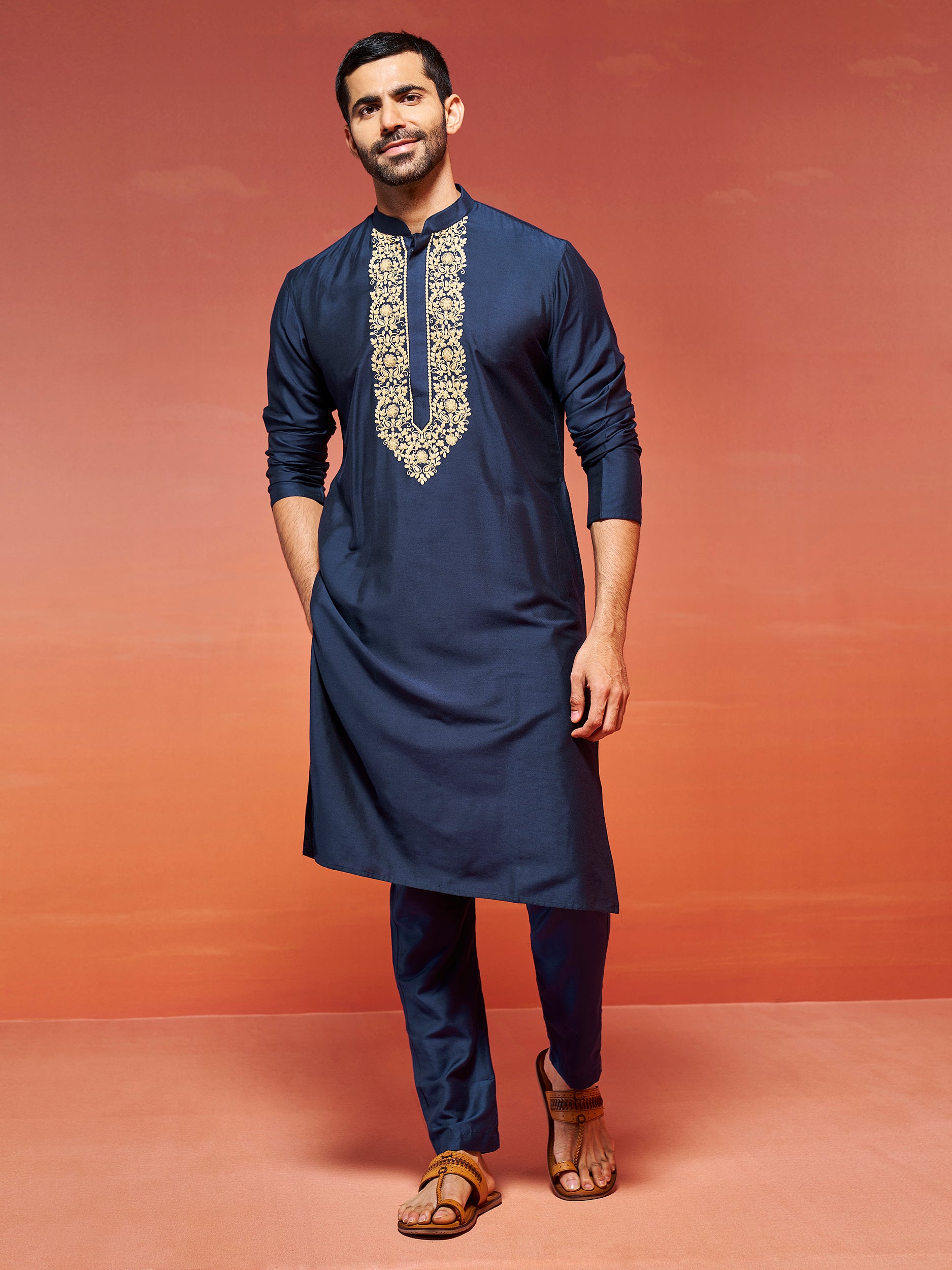 Men's Navy Blue Viscose Kurta And Pyjama Set