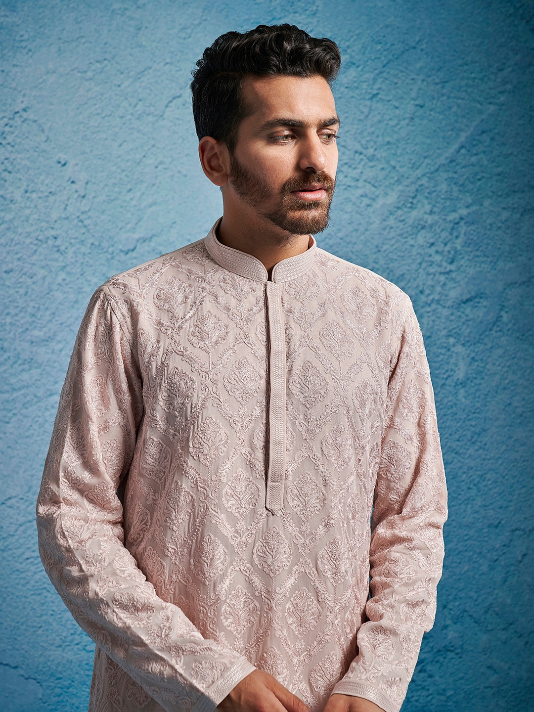 Men's Pink Georgette Ethnic Motiff Thigh Length Kurta