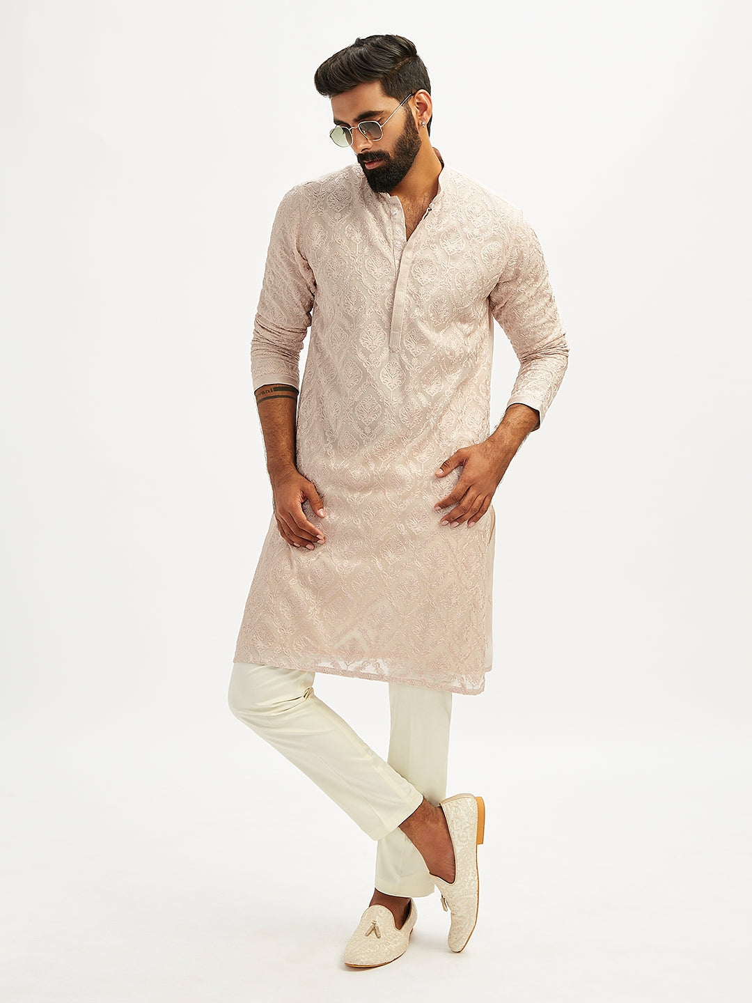 Men's Beige Georgette Embroidered Kurta Pant Set
