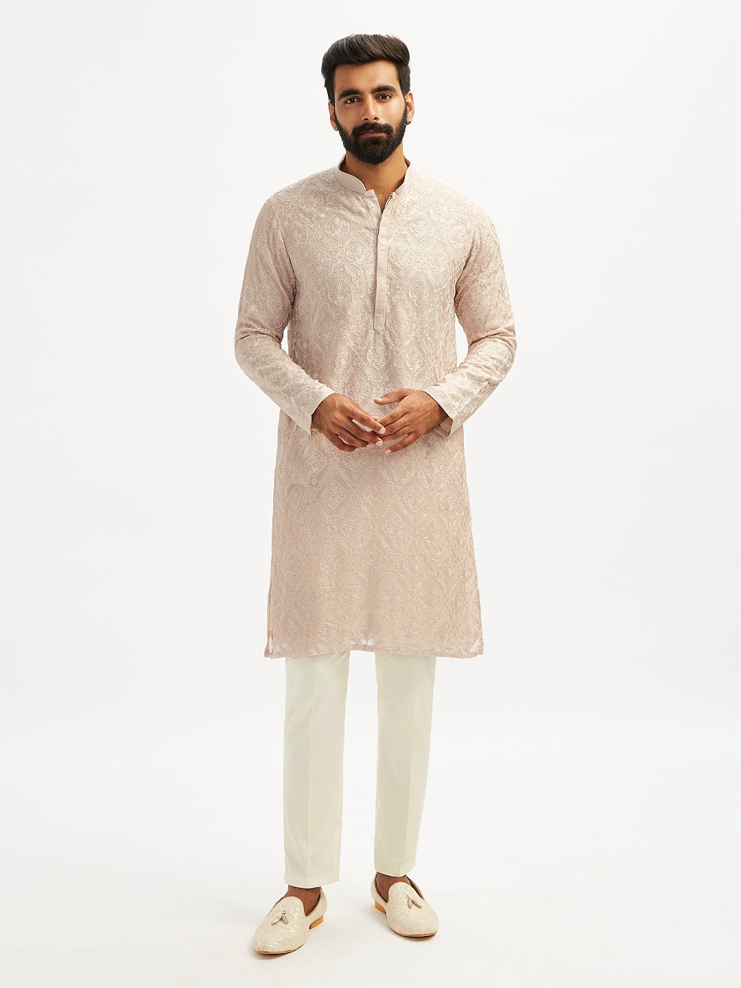 Men's Beige Georgette Ethnic Motiff Thigh Length Kurta Pant Set with Pyjama