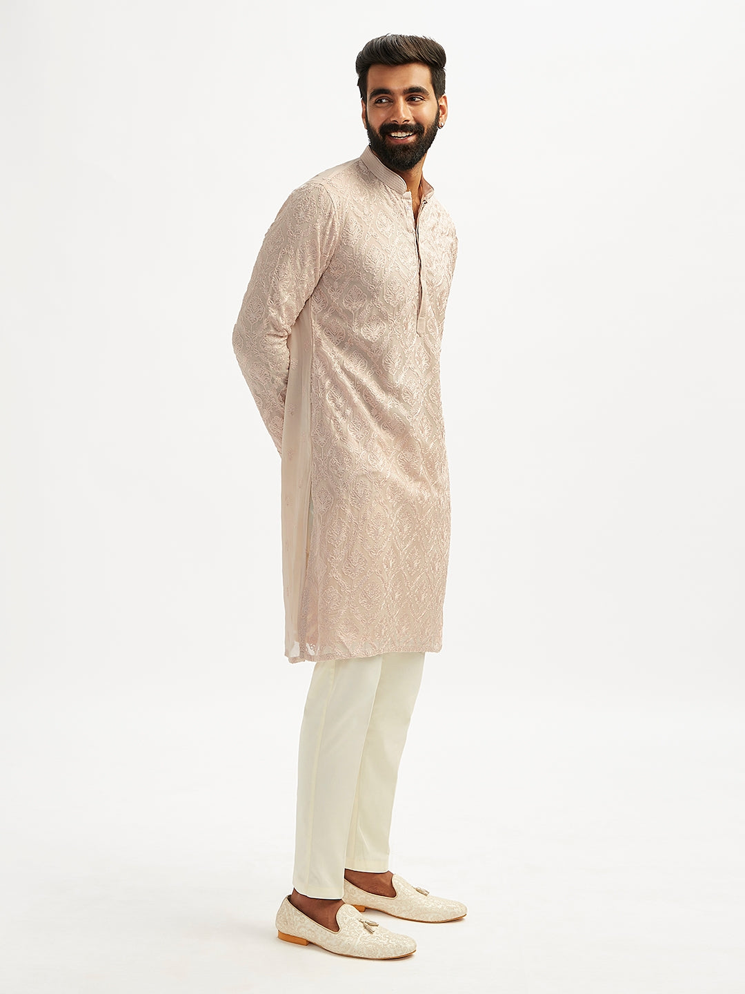 Men's Beige Georgette Ethnic Motiff Thigh Length Kurta Pant Set with Pyjama