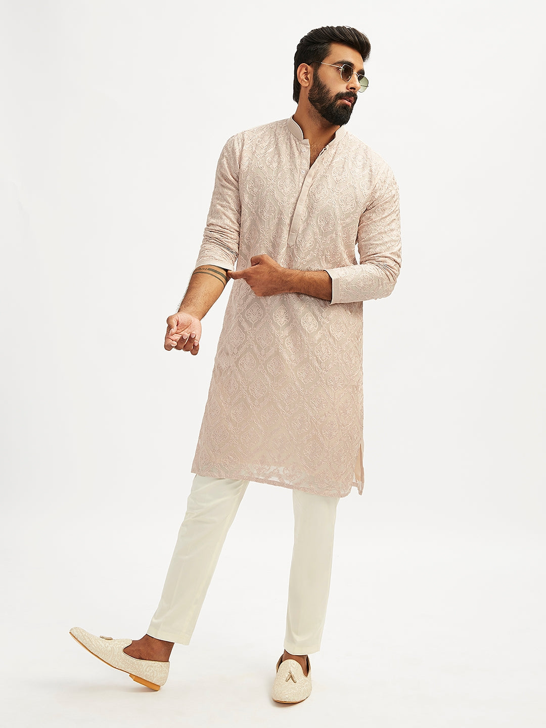 Men's Beige Georgette Ethnic Motiff Thigh Length Kurta Pant Set with Pyjama