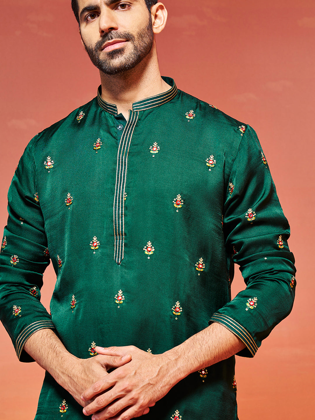 Men's Bottle Green Silk Blend Kurta