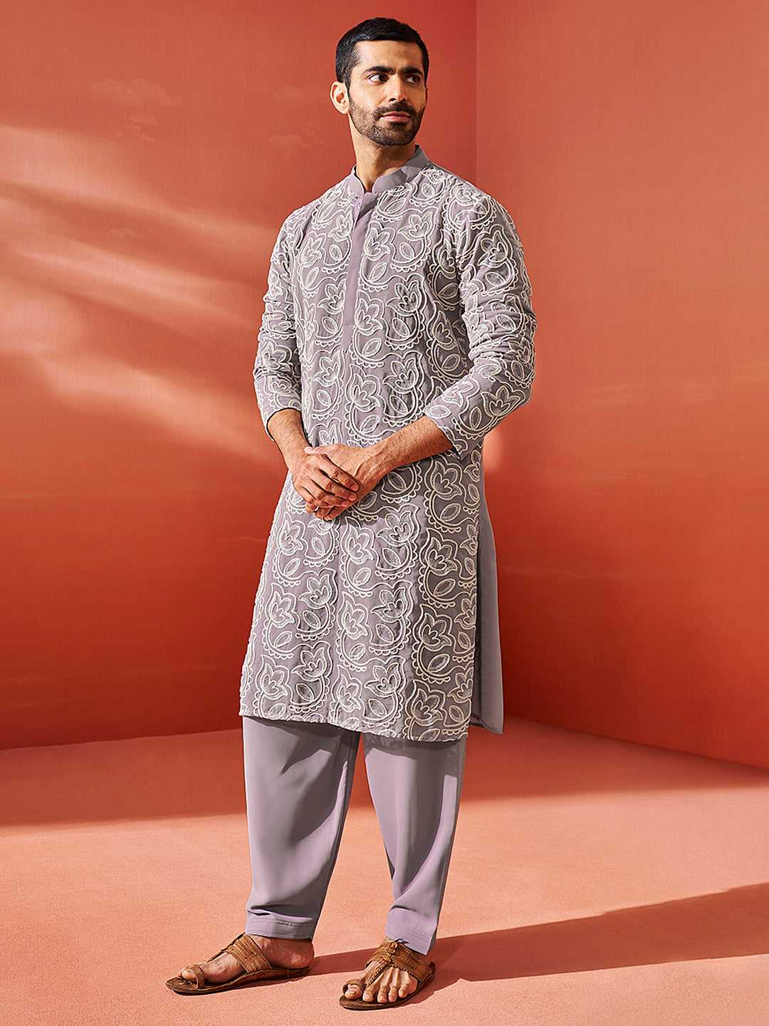 Men's Lavender Georgette Kurta And Patiala Set