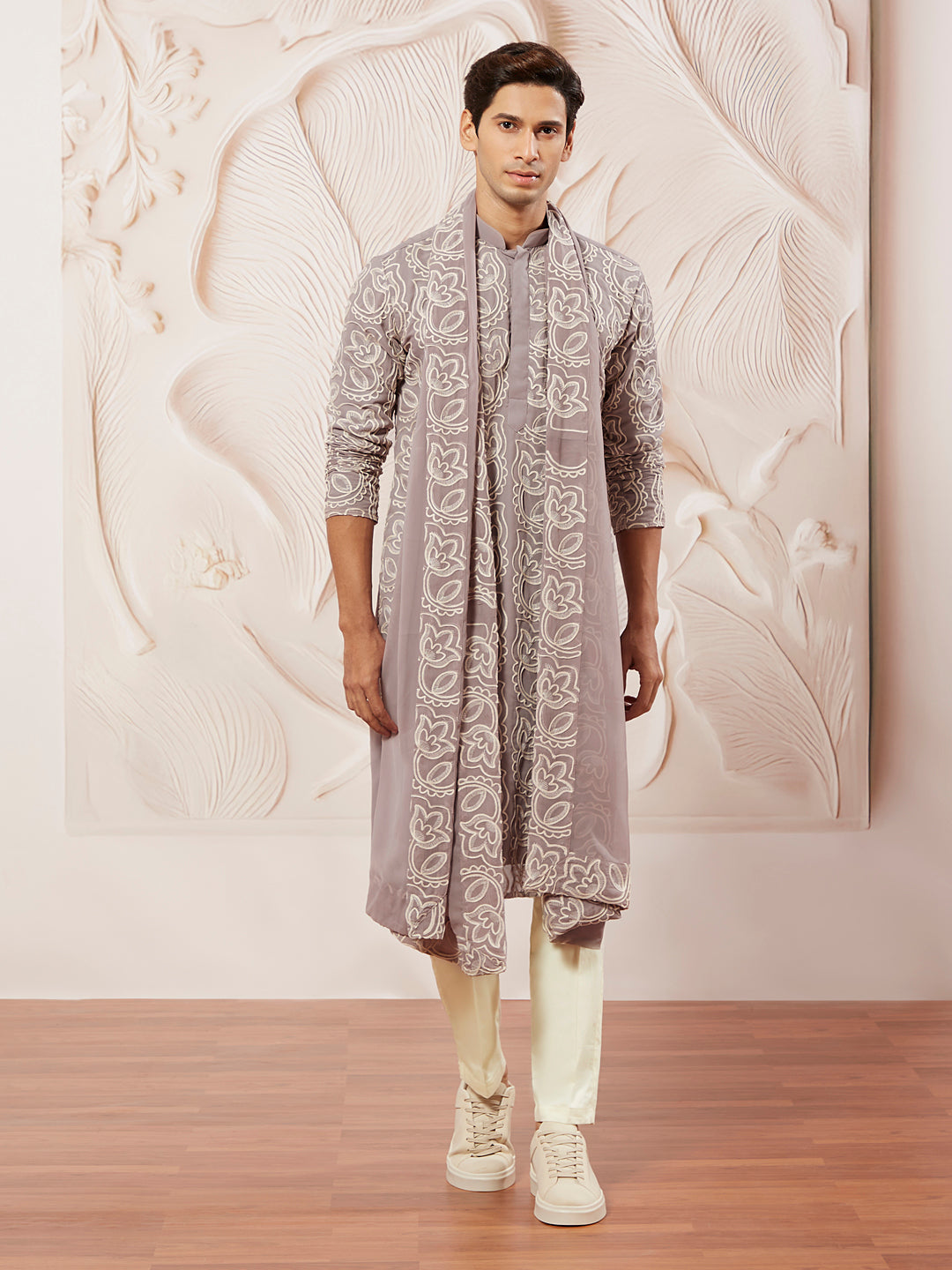 Men's Levender Georgette Kurta Pyjama And Dupatta Set