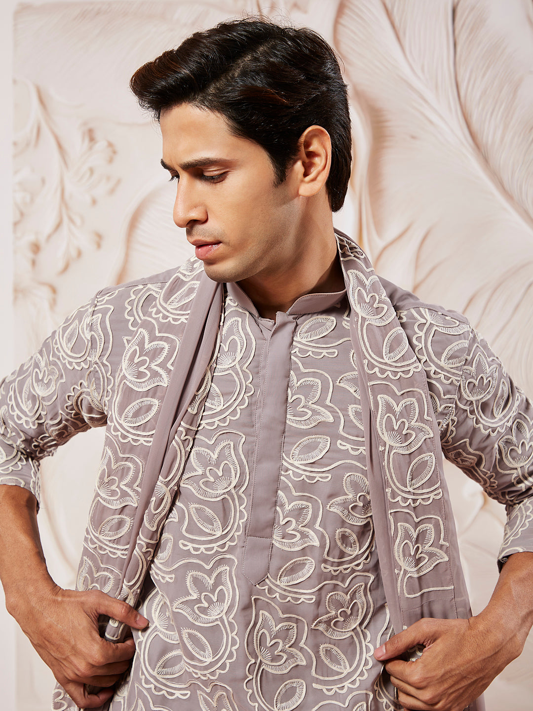 Men's Levender Georgette Kurta Pyjama And Dupatta Set