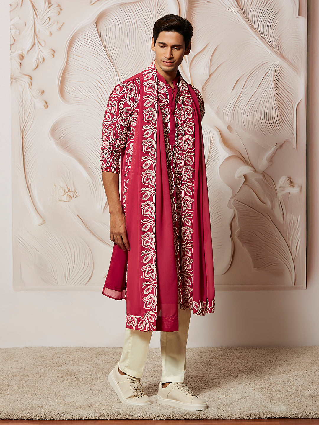 Men's Maroon Georgette Kurta Pyjama And Dupatta Set
