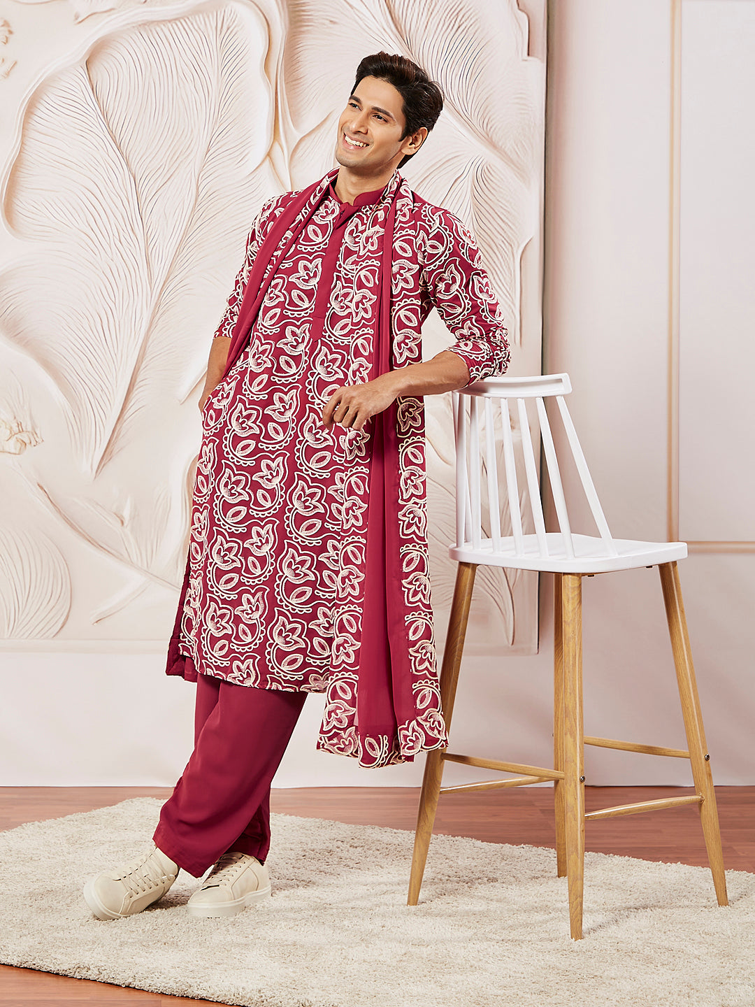 Men's Maroon Georgette Kurta Patiala And Dupatta Set.