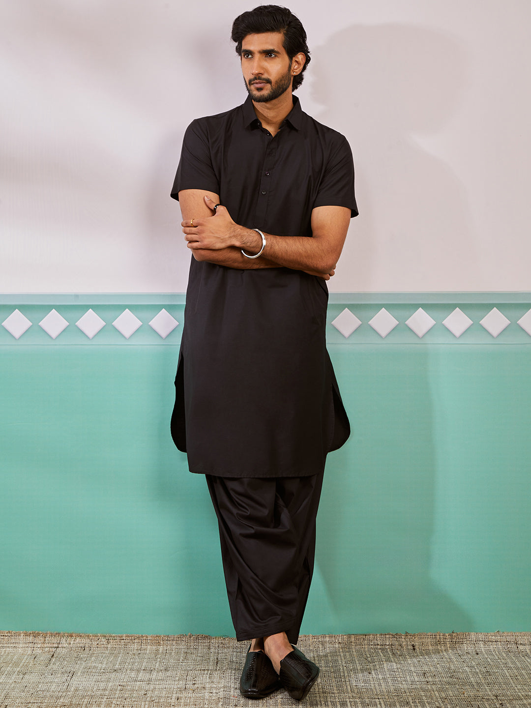 Men's Black Viscose Kurta And Patiala Set