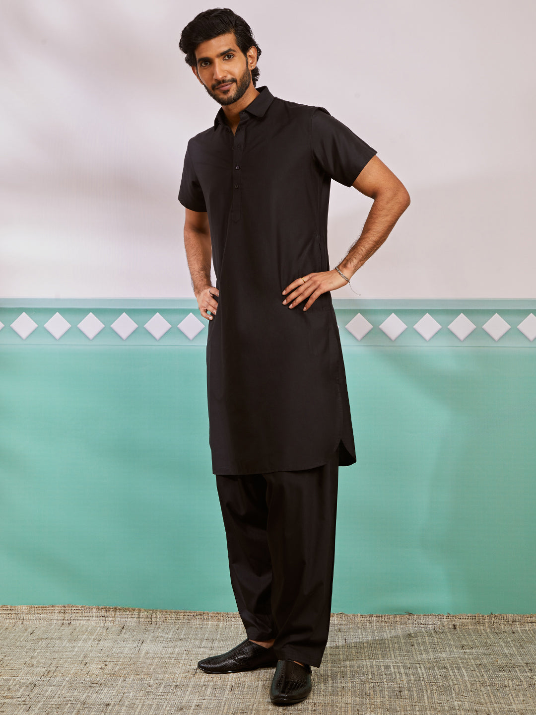Men's Black Viscose Kurta And Patiala Set