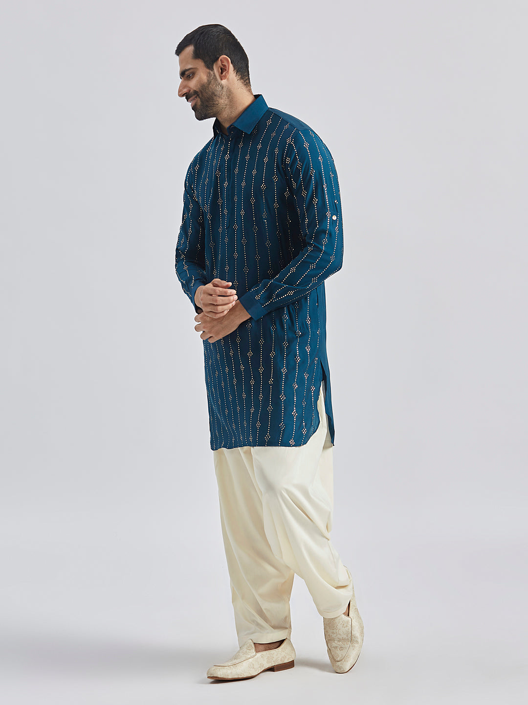 Men's Turquoise Silk Blend Kurta And Patiala Set