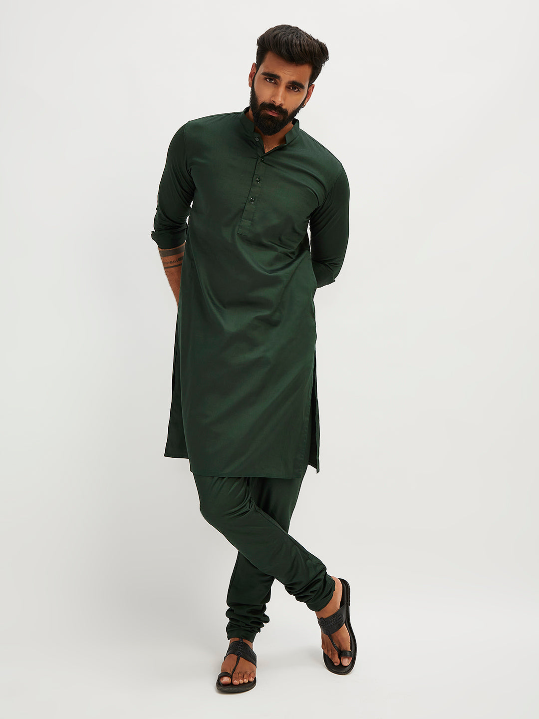 Men's Bottle Green Cotton Blend Kurta Pyjama Set