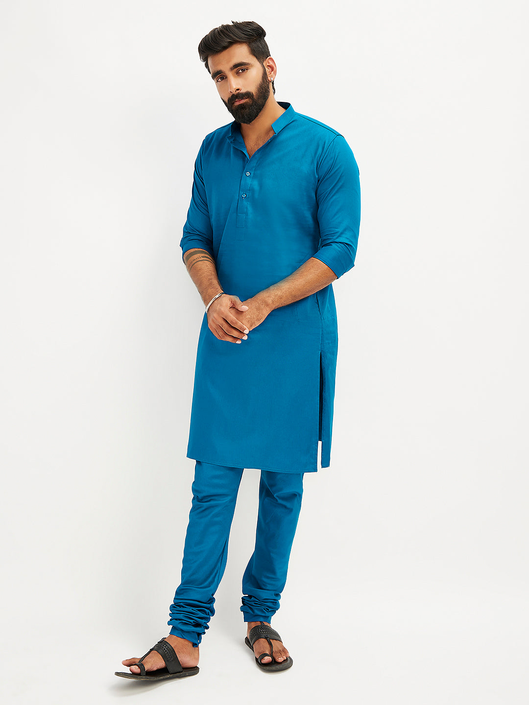 Men's Blue Cotton Blend Kurta Pyjama Set