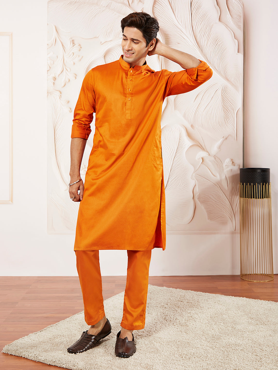 Men's Orange Cotton Blend Kurta Pyjama Set