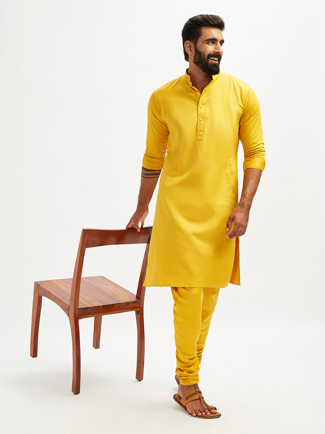 men's yellow cotton blend kurta pyjama set for festive celebrations and traditional events