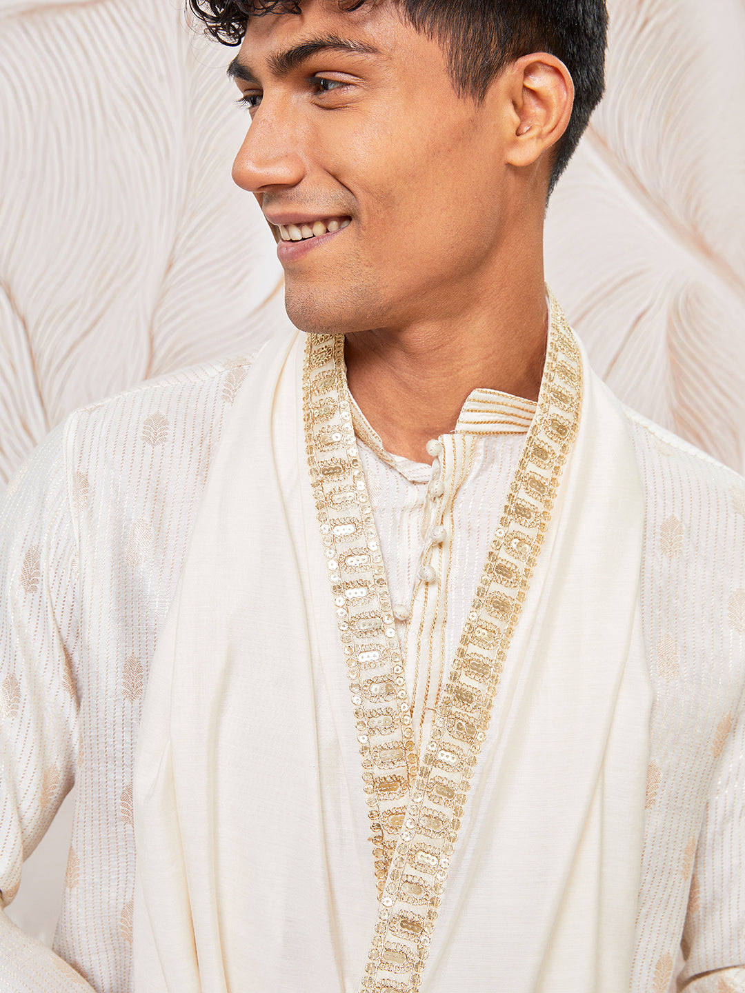 Men's Cream Gold Jacquard Zari Kurta with Pyjama and Lace Border Dupatta Set