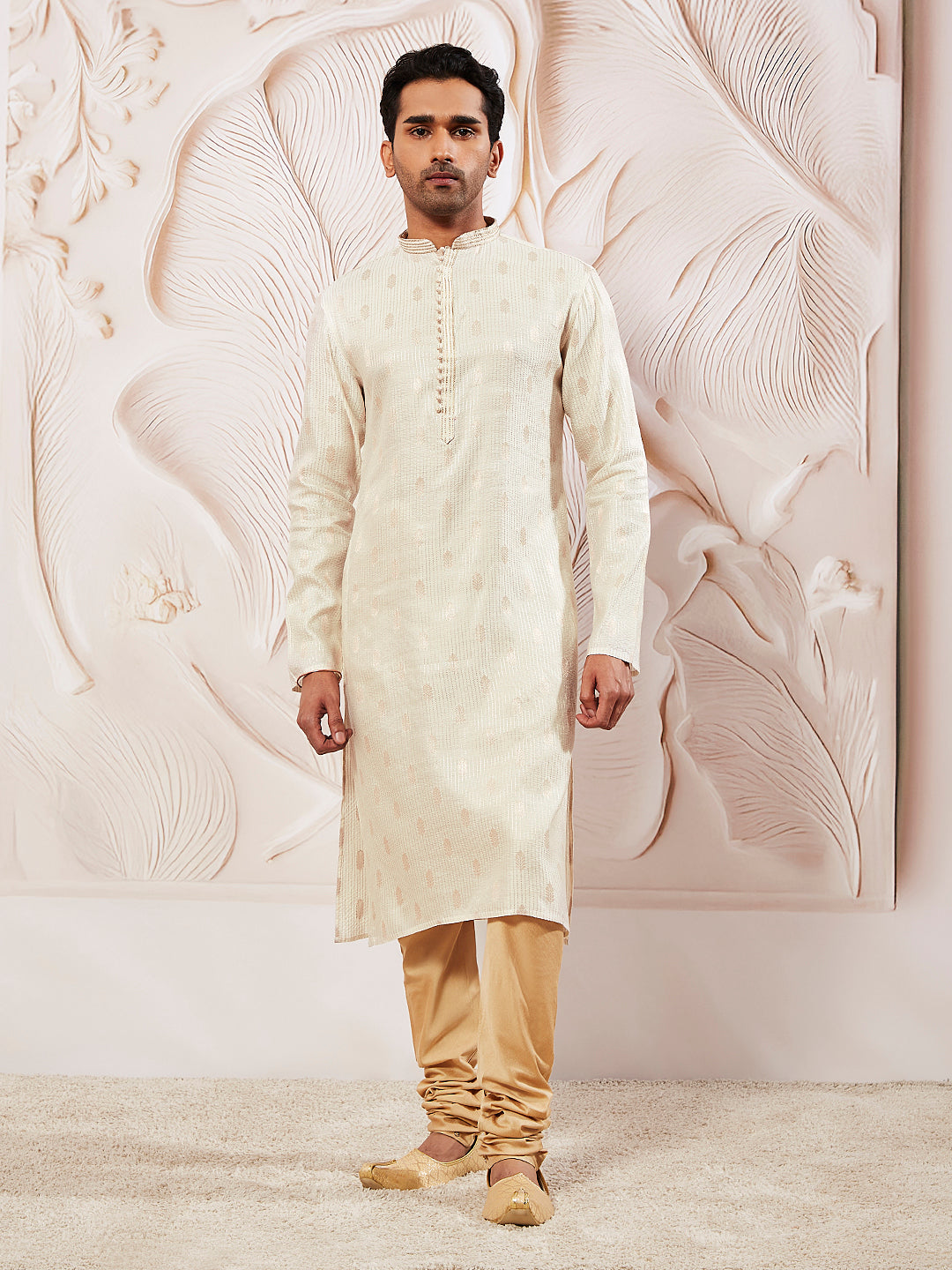Men's Cream Silk Blend  Kurta Pyjama Set