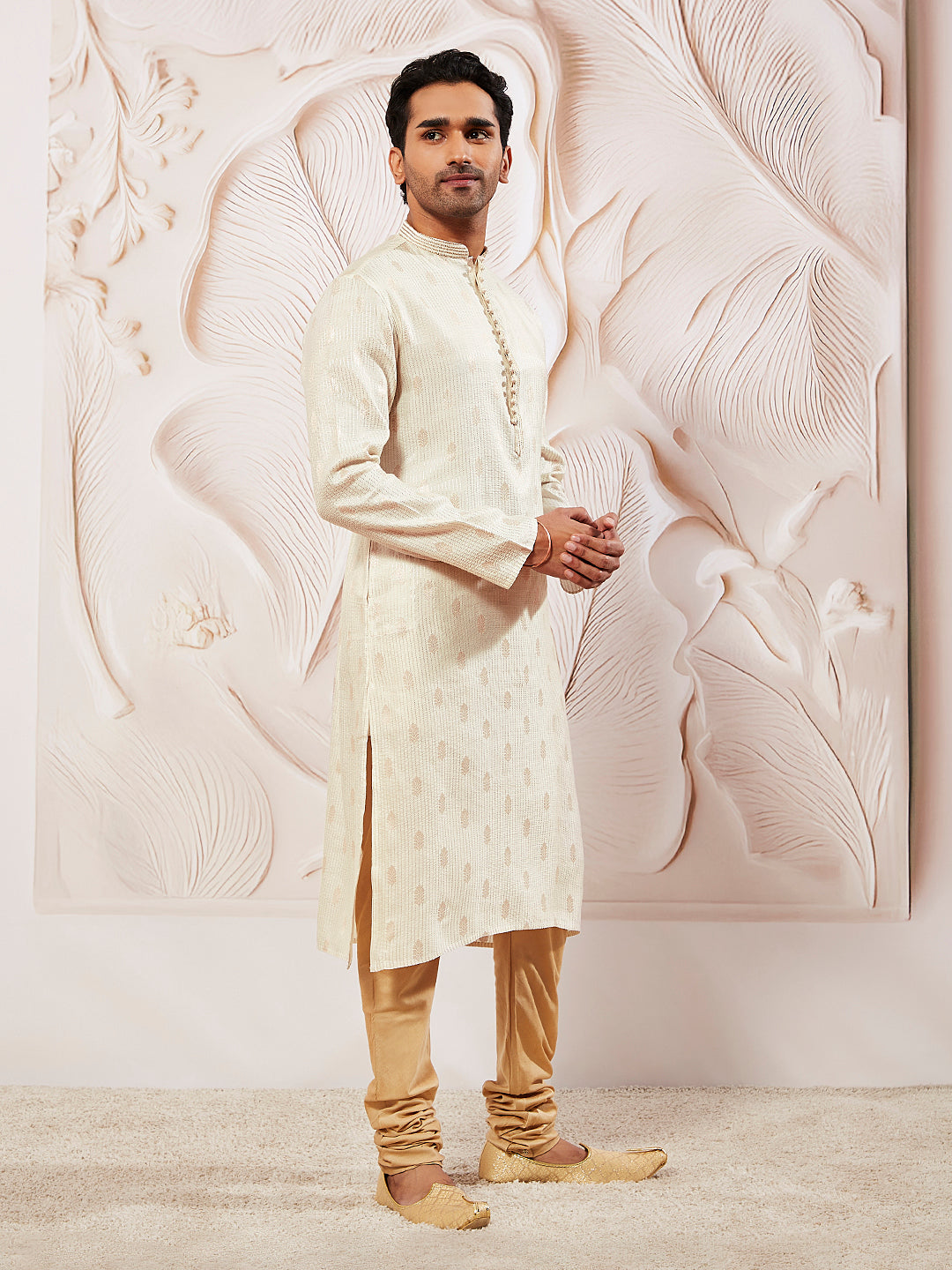 Men's Cream Silk Blend  Kurta Pyjama Set
