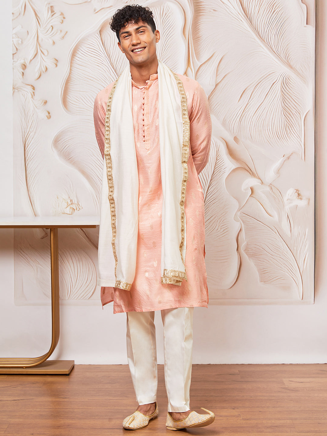 Men's Peach Cotton Blend Kurta, Pant And Dupatta Set