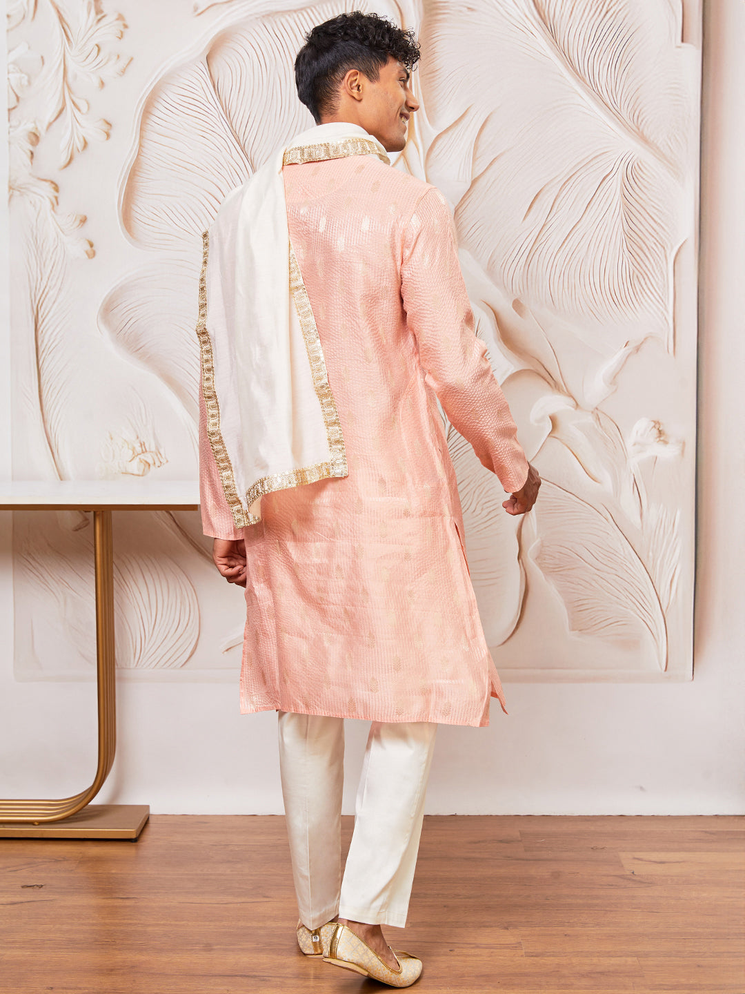 Men's Peach Cotton Blend Kurta, Pant And Dupatta Set