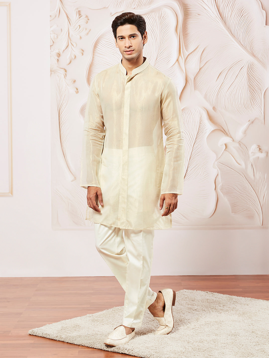 Men's Beige Tissue Silk Kurta Pyjama Set