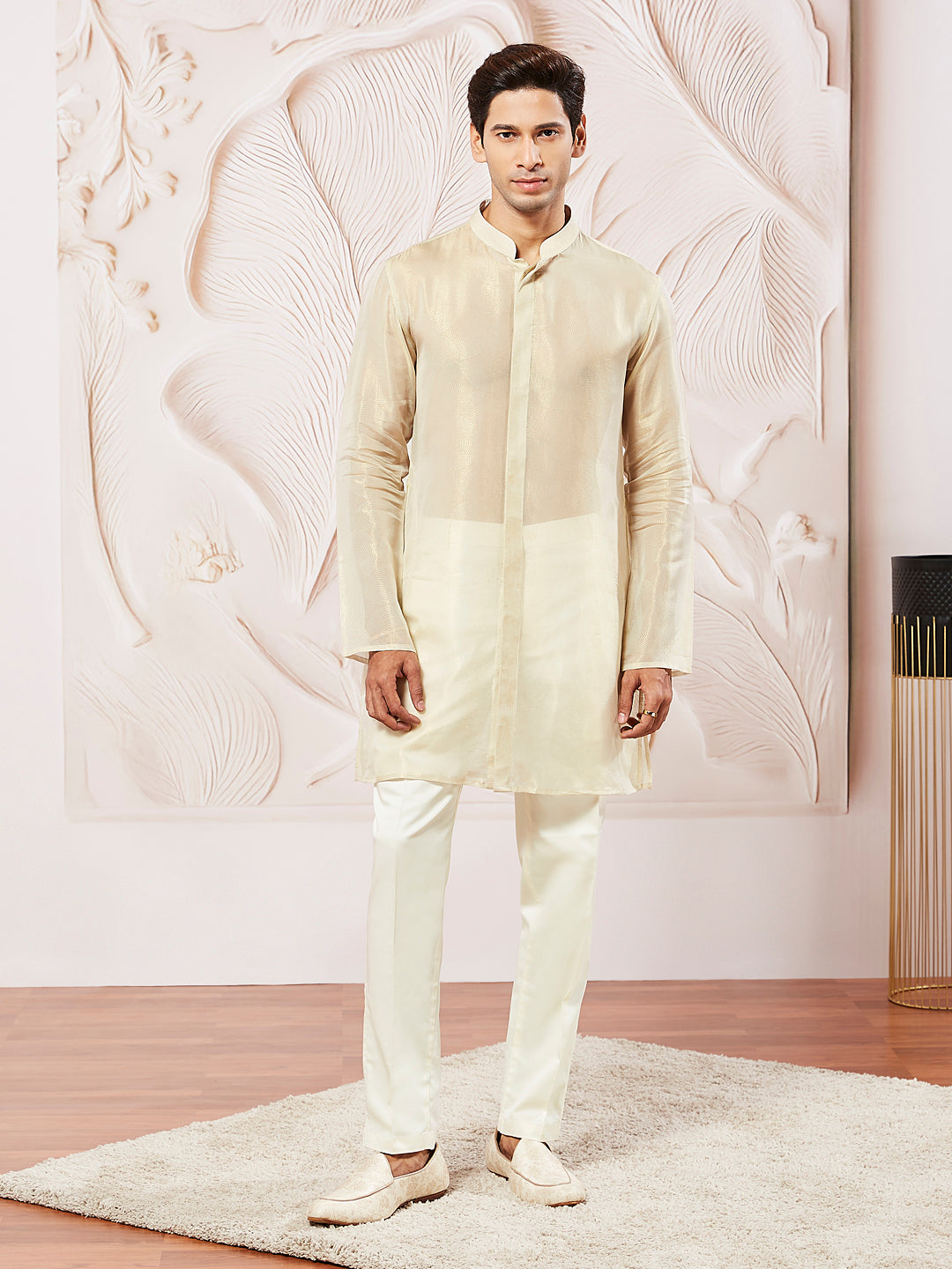 Men's Beige Tissue Silk Kurta Pyjama Set
