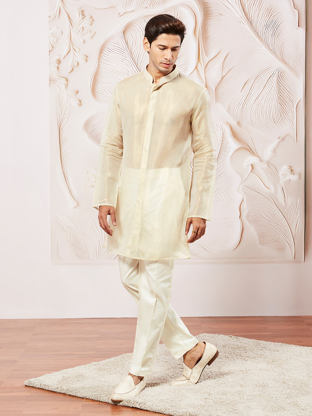Men's Beige Tissue Silk Kurta Pyjama Set