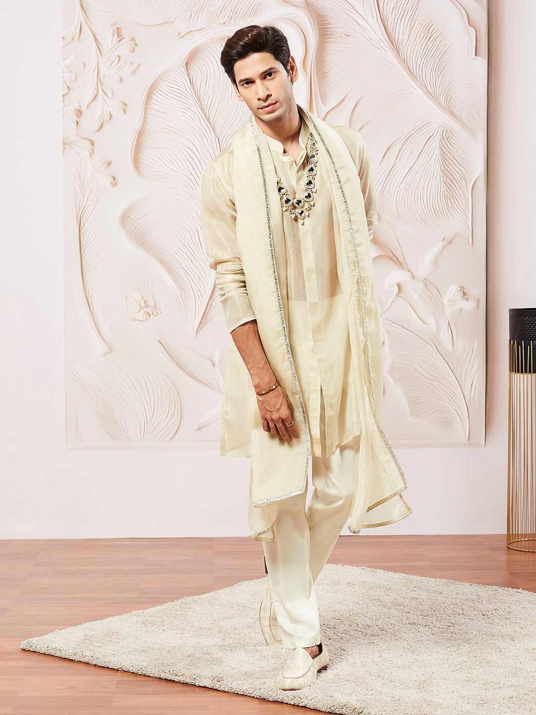 Men's Beige And Cream Beige Kurta Pyjama And Dupatta Set
