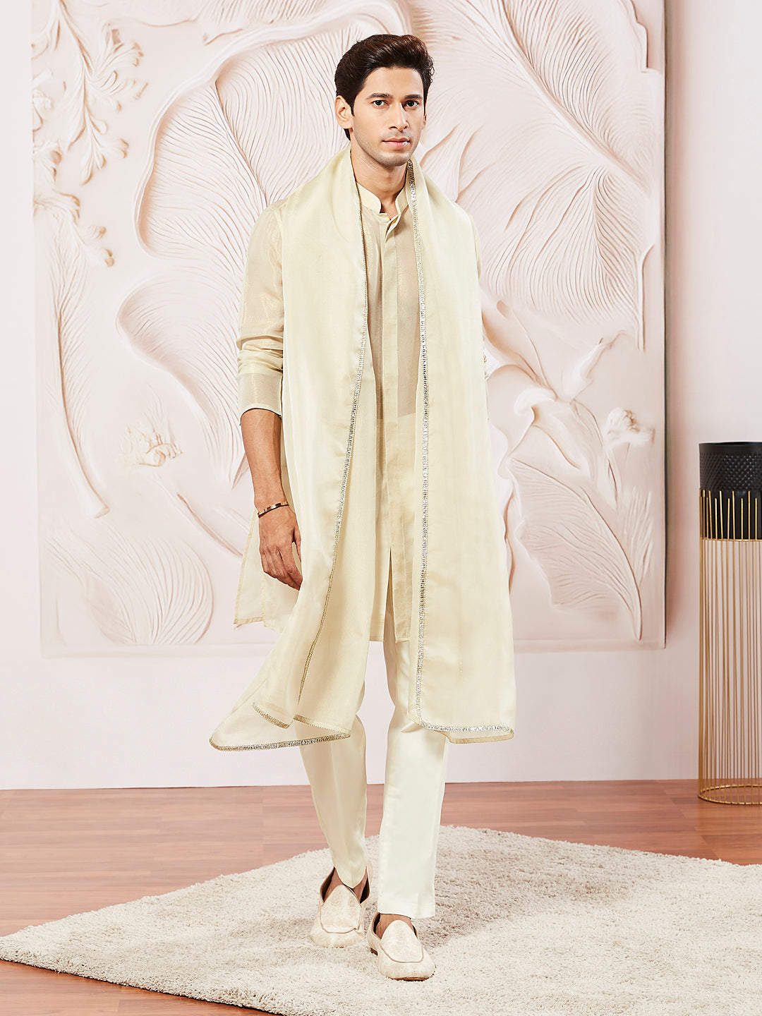 Men's Beige And Cream Beige Kurta Pyjama And Dupatta Set