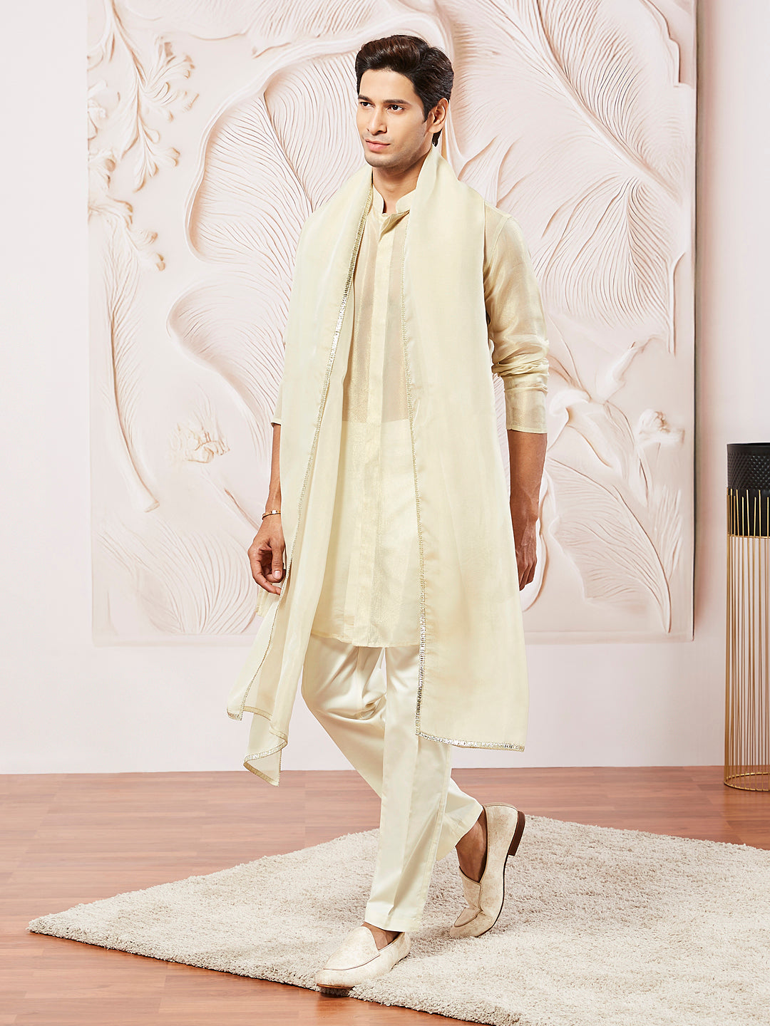 Men's Beige And Cream Beige Kurta Pyjama And Dupatta Set