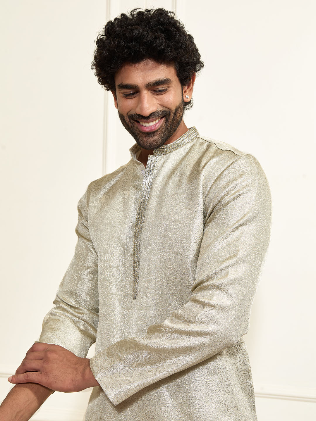 Men's Beige Tissue Silk Kurta And Pant Set.