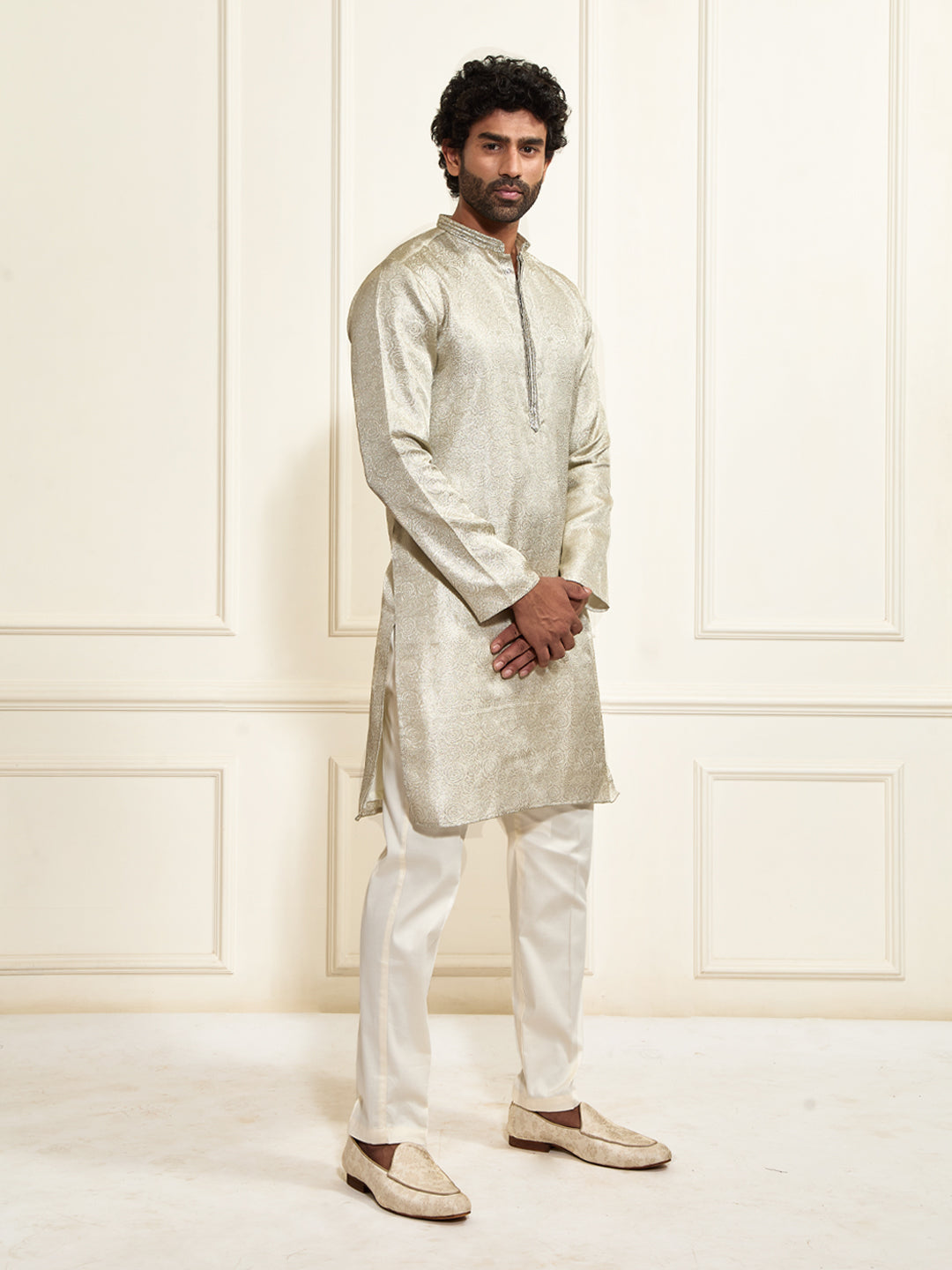 Men's Beige Tissue Silk Kurta And Pant Set.