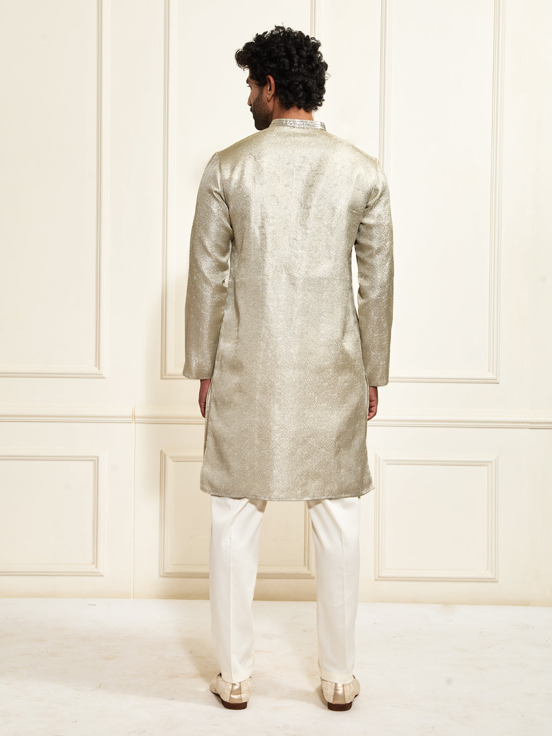 Men's Beige Tissue Silk Kurta And Pant Set.