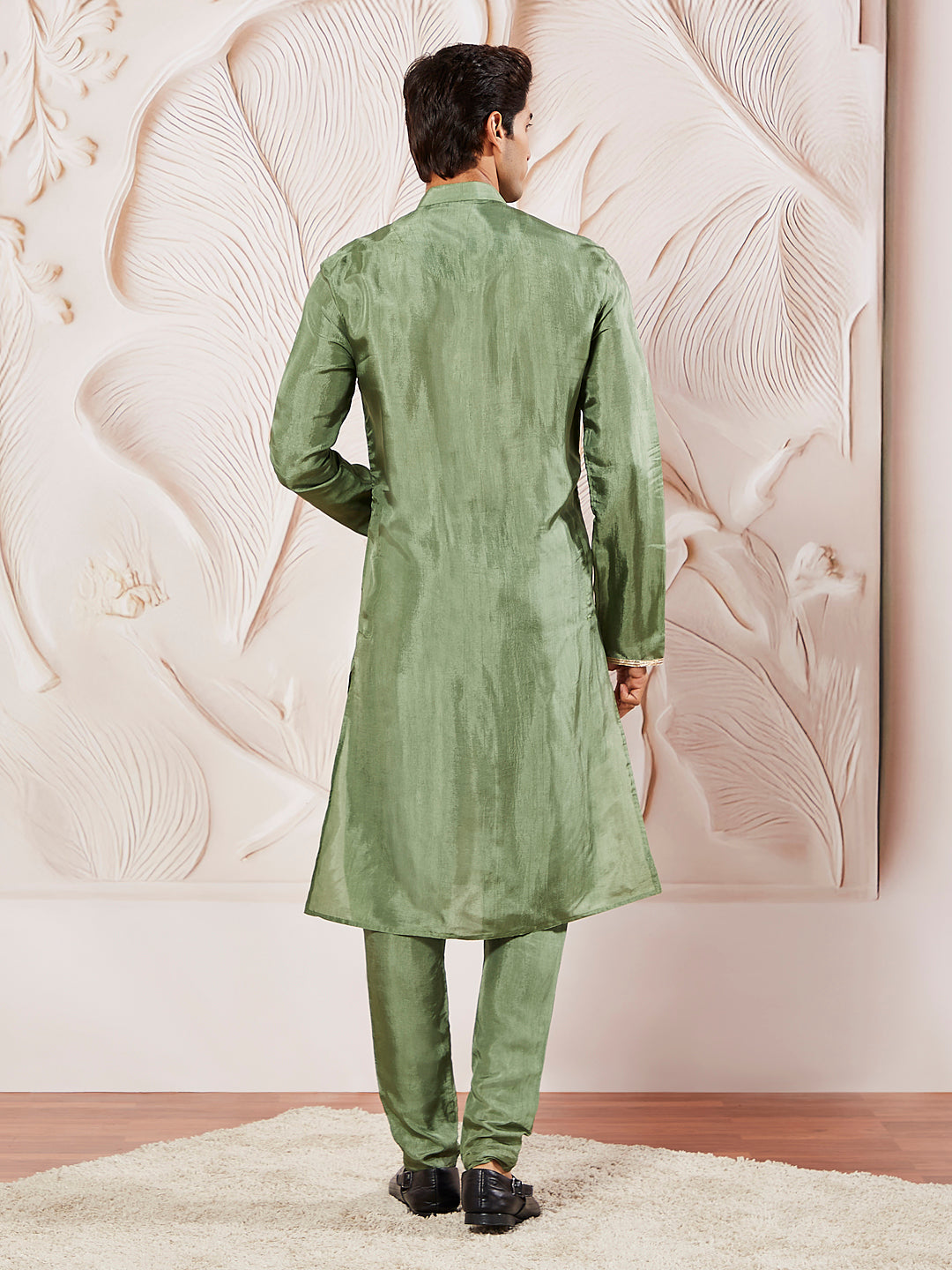 Men's Green Tissue Silk Kurta Pyjama And Dupatta Set For Men's
