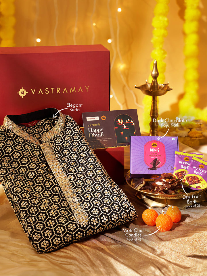 Vastramay Black Embroidered Rayon Kurta | Diwali Gift Box with Go Desi Mithai &amp; 4 Laddoo Candles
