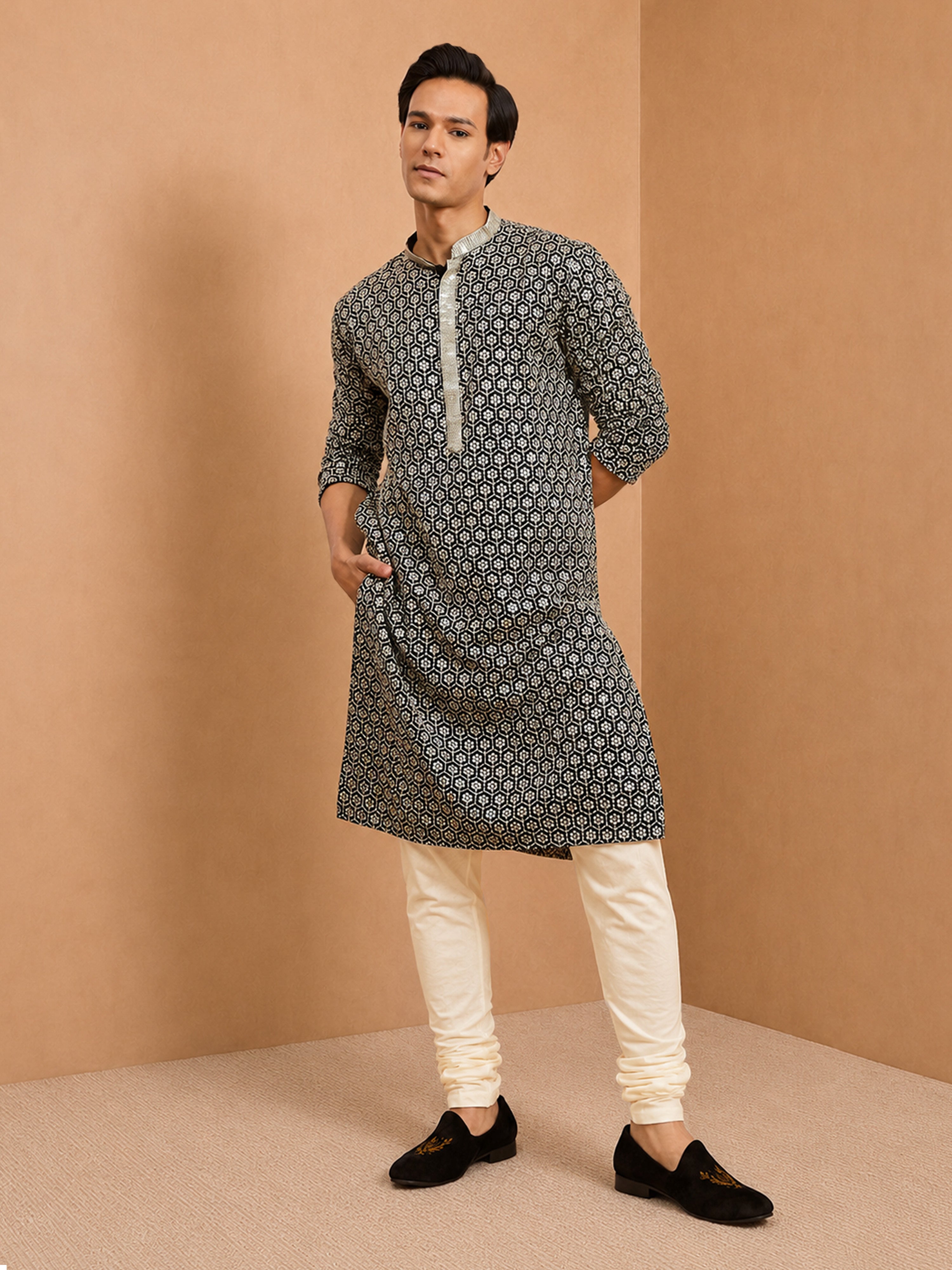 Men's Black Rayon Kurta Rakhi Gift Box for Brother | Includes Rakhi & Festive Essentials
