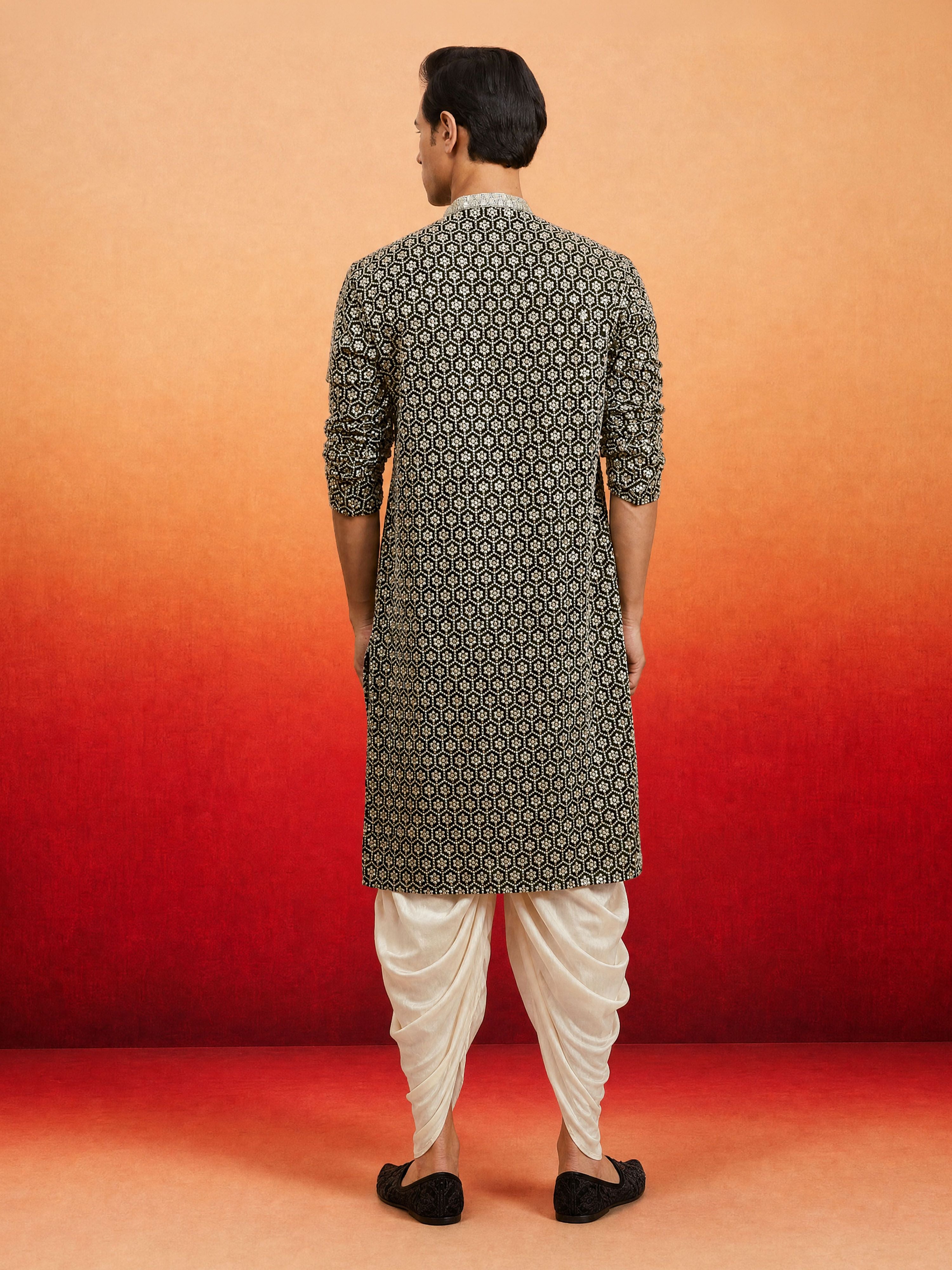 Men's Black Rayon Embellished Knee Length Kurta with Dhoti
