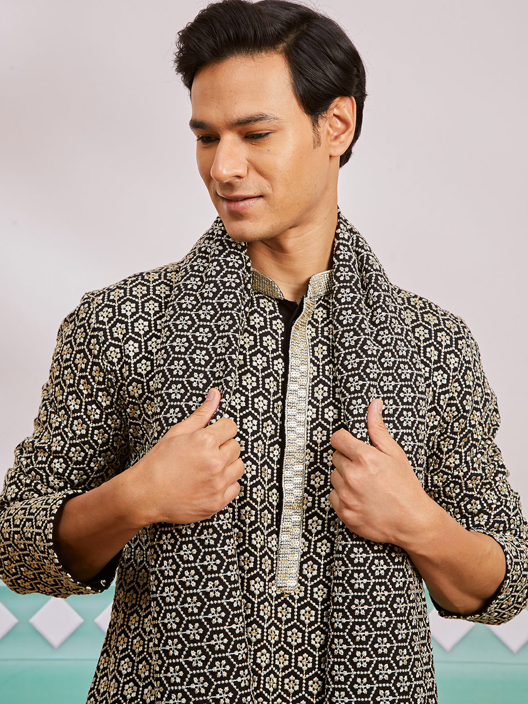 Men's Black Rayon Kurta, Pyjama And Dupatta Set.