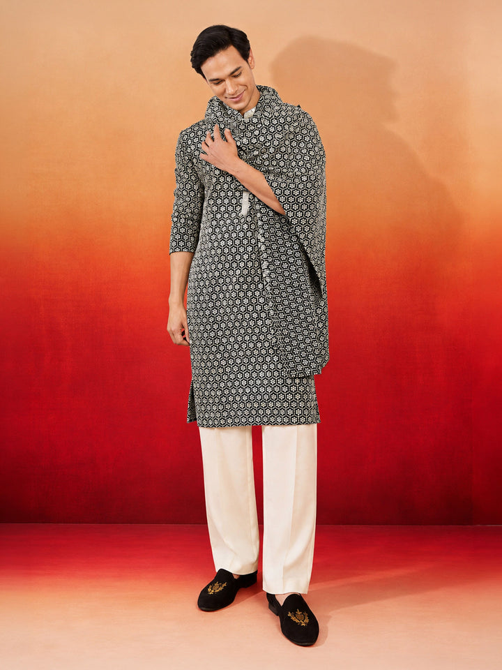 Men Black Rayon Kurta &amp; Palazzo Pant with Dupatta Festive, Diwali Ethnic Wear