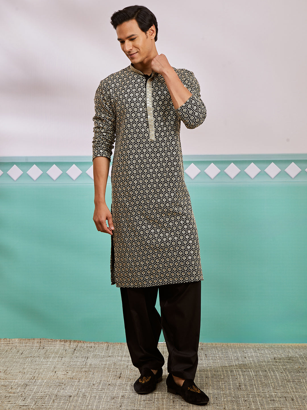 Men's Black Rayon Kurta And Patiala Set