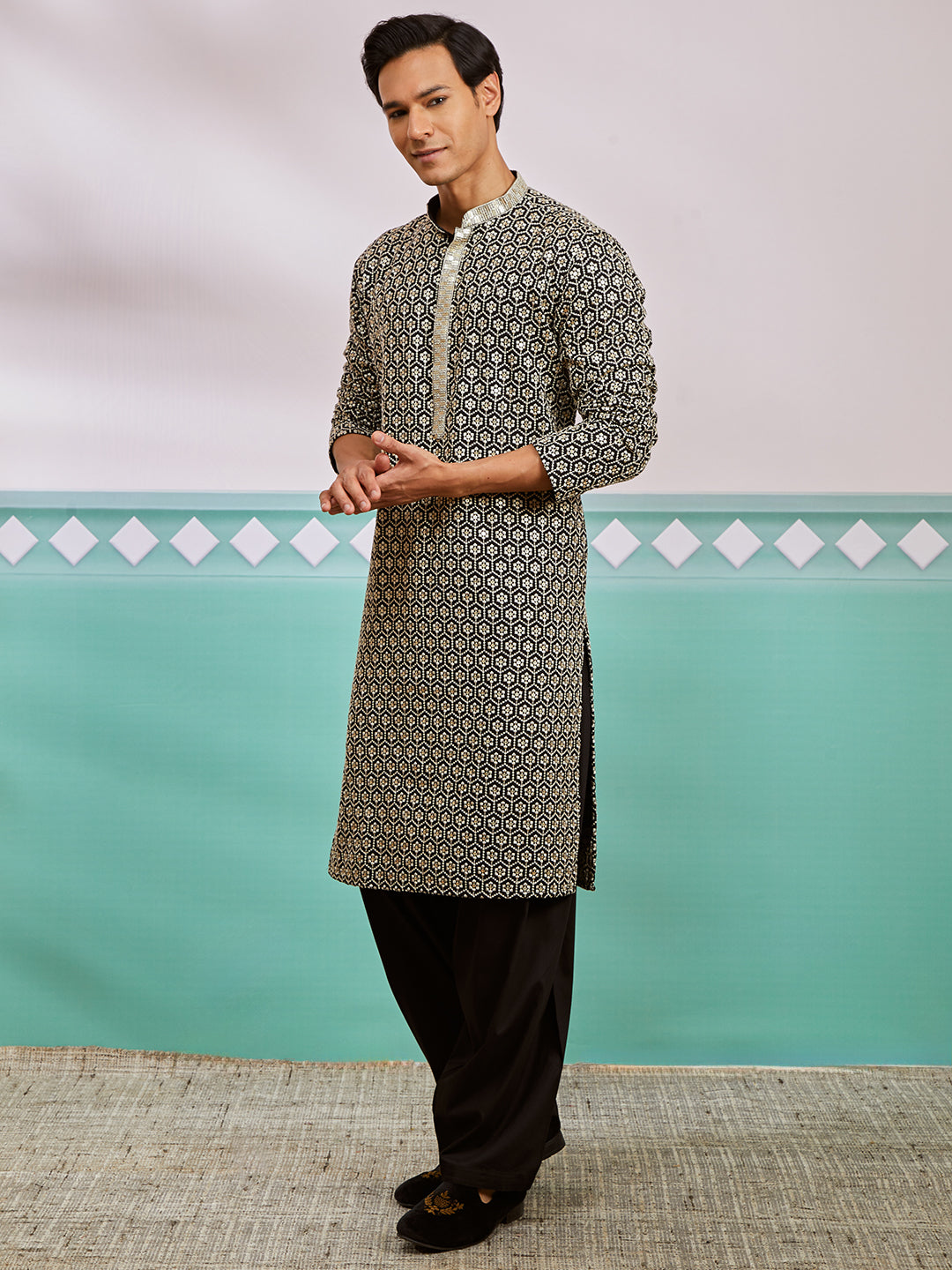 Men's Black Rayon Kurta And Patiala Set