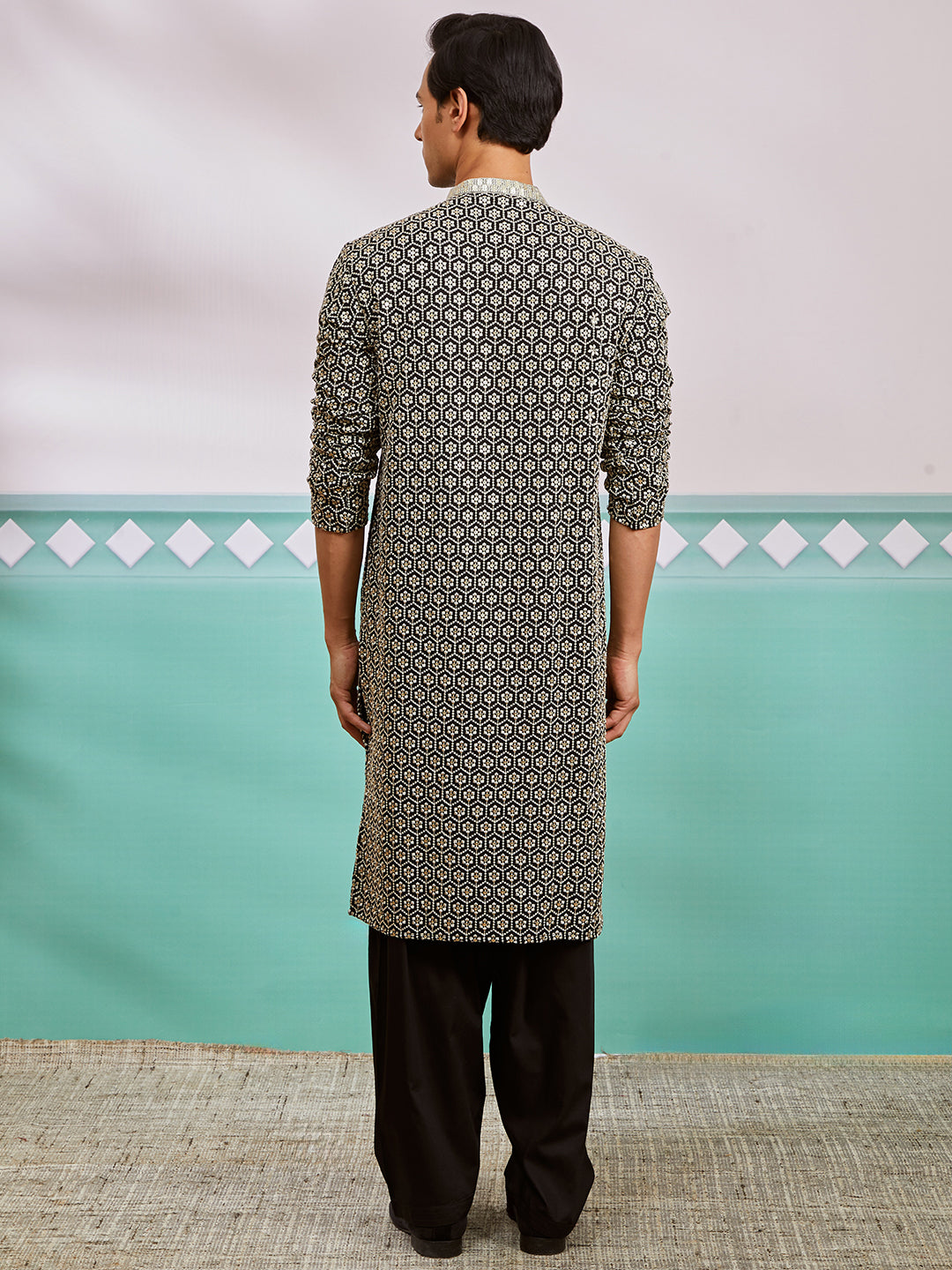 Men's Black Rayon Kurta And Patiala Set