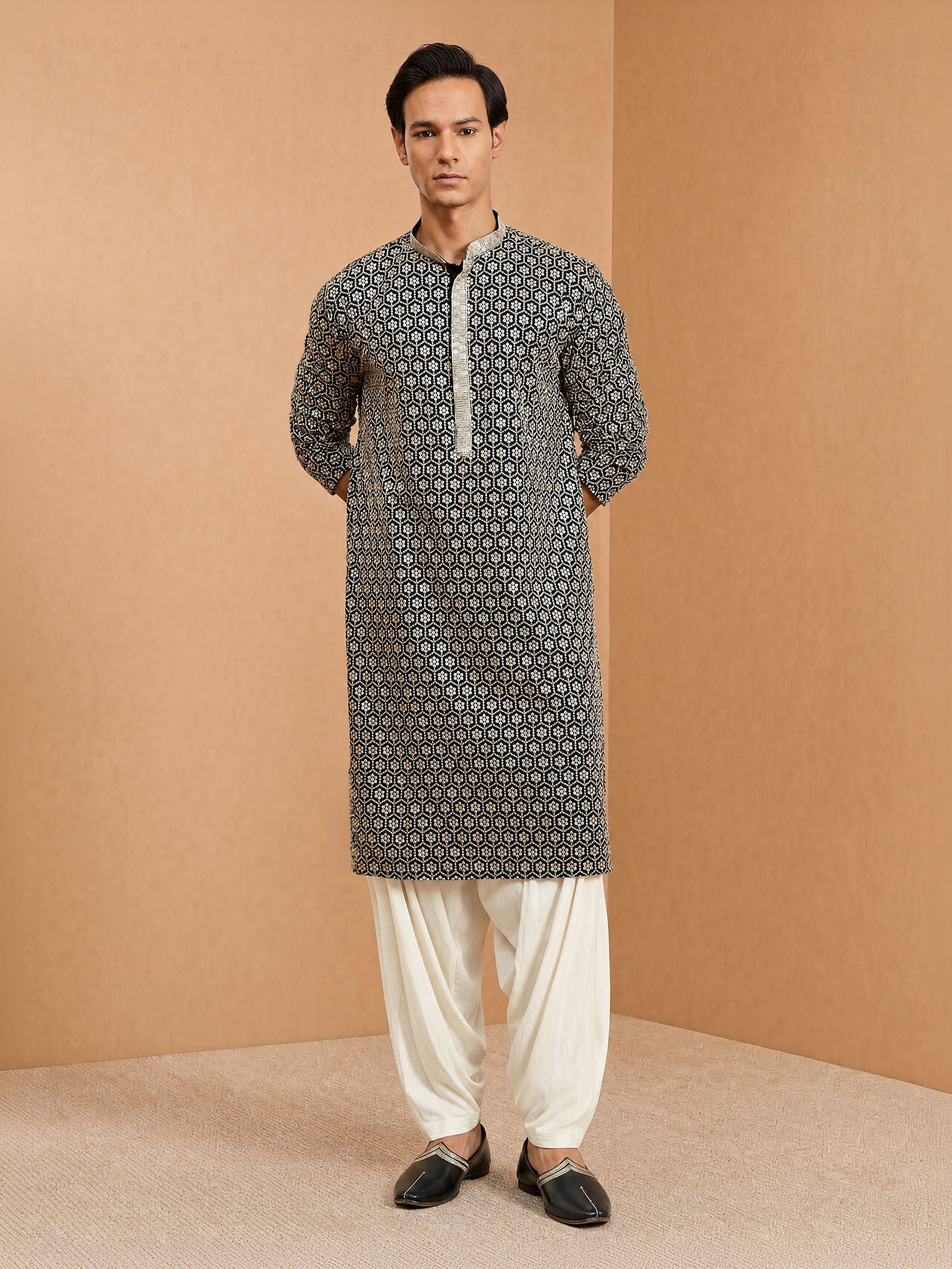 Men's Black Rayon Embroidered Knee Length Kurta with Patiala
