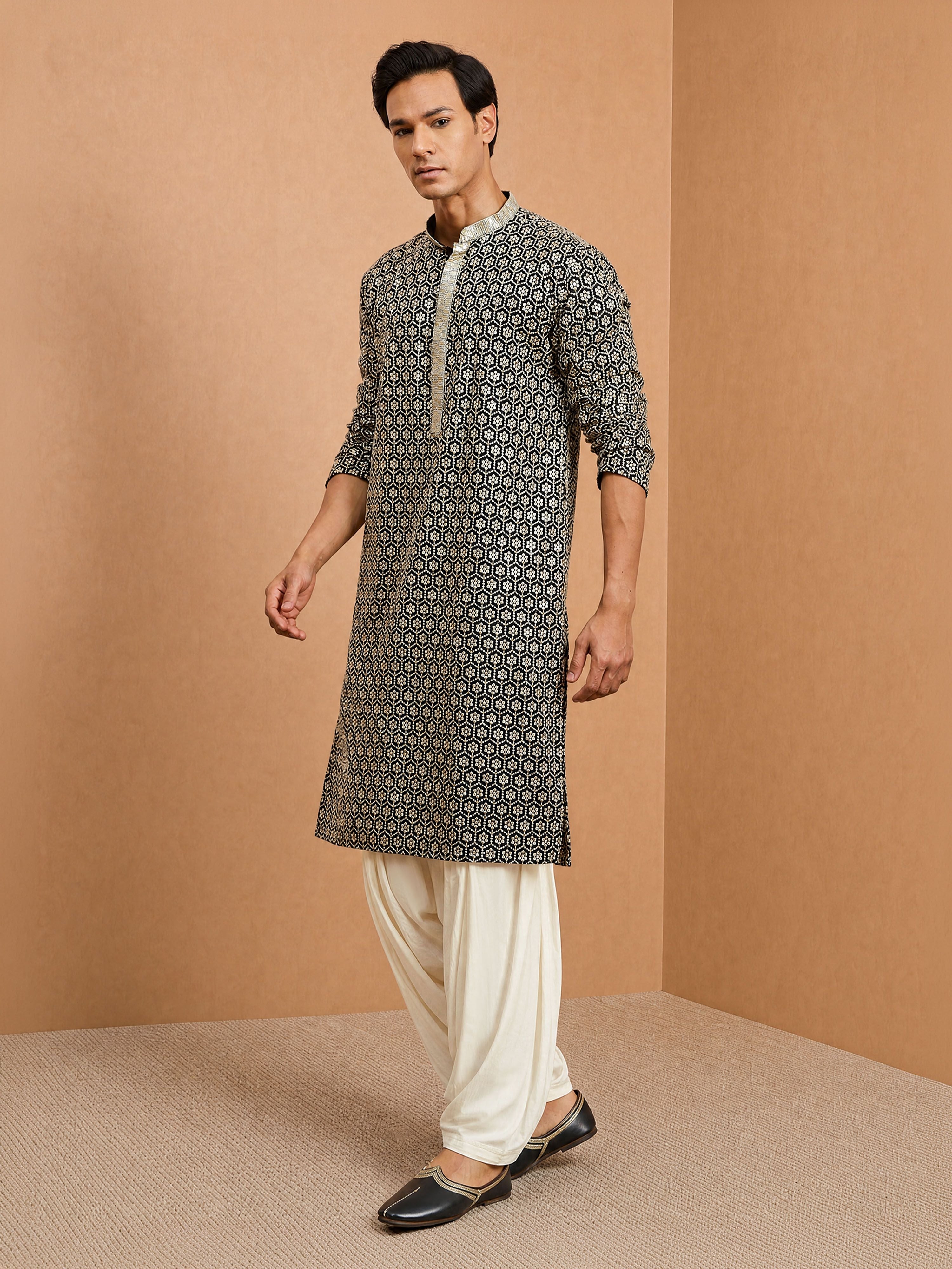 Men's Black Rayon Embroidered Knee Length Kurta with Patiala