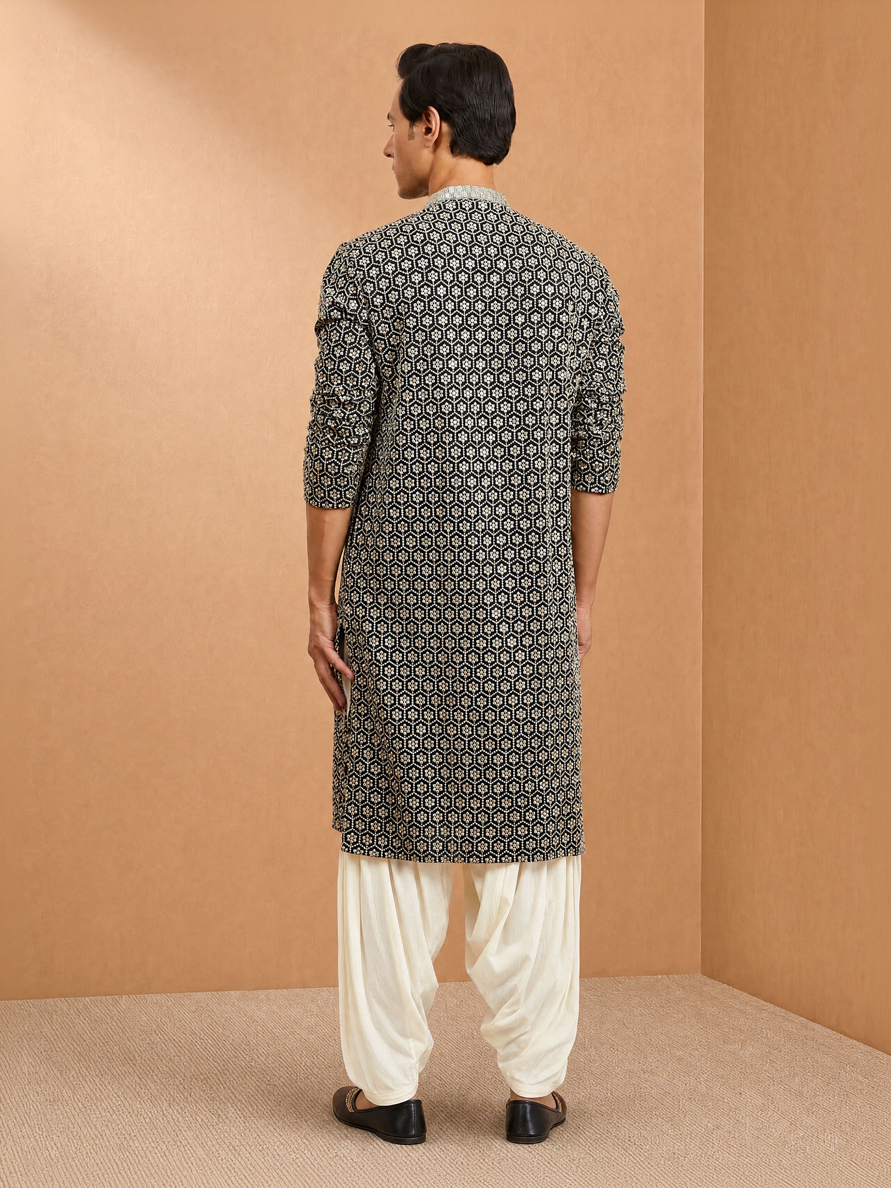 Men's Black Rayon Embroidered Knee Length Kurta with Patiala